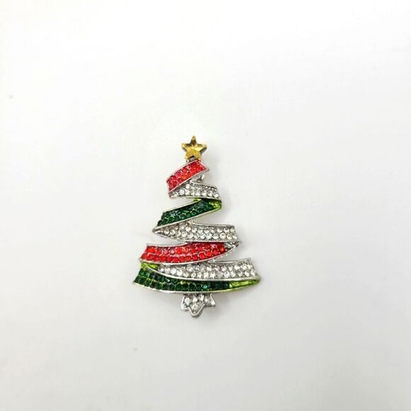 Festive Christmas Tree Brooch with Red, Green, and Silver Accents - Picture 1 of 3